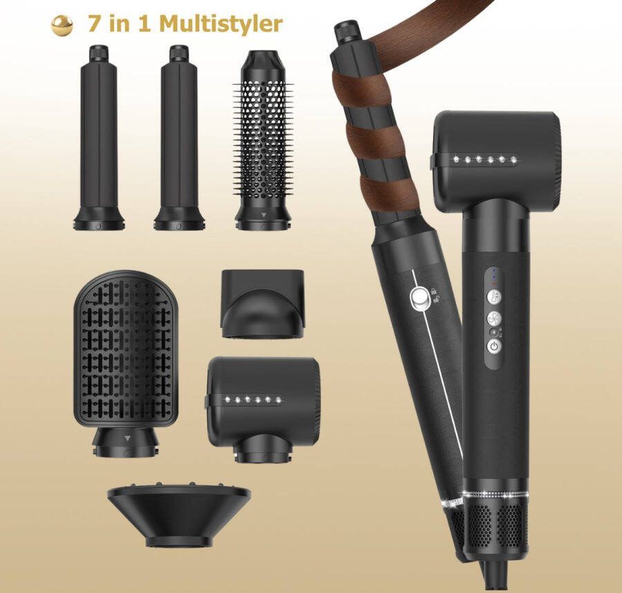 CallmPlace Hot air Styler Multistyler 7-in-1 Airstyler Hairwrap Föhnborstel Krultang Multifunctionele Styler 7 Opzetstukken Zwart