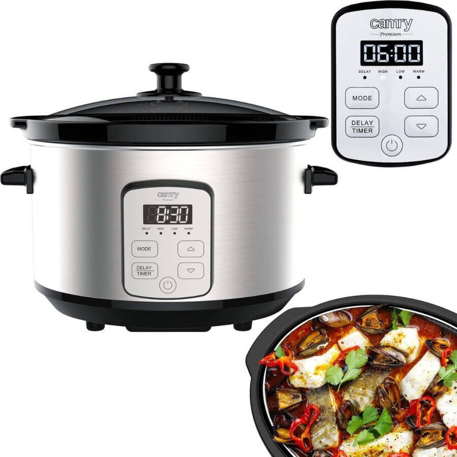 Camry Slowcooker met Timer Slowcooker met 3 Warmtestanden Elektrische Slowcooker met Uitneembare Keramische Binnenpan Vaatwasmachinebestendig 4 7 L Zilver