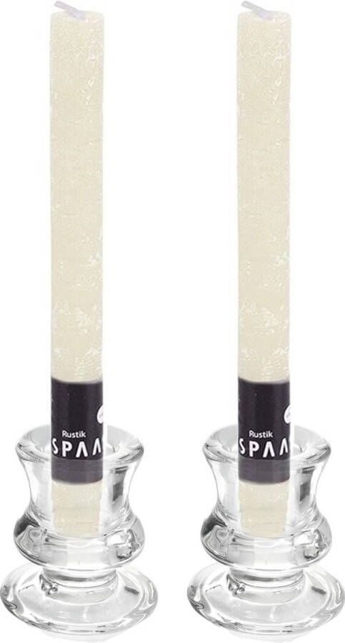 Candles by Spaas Kaarsen set 2x kandelaars glas 12x dinerkaarsen ivoor wit Dinerkaarsen