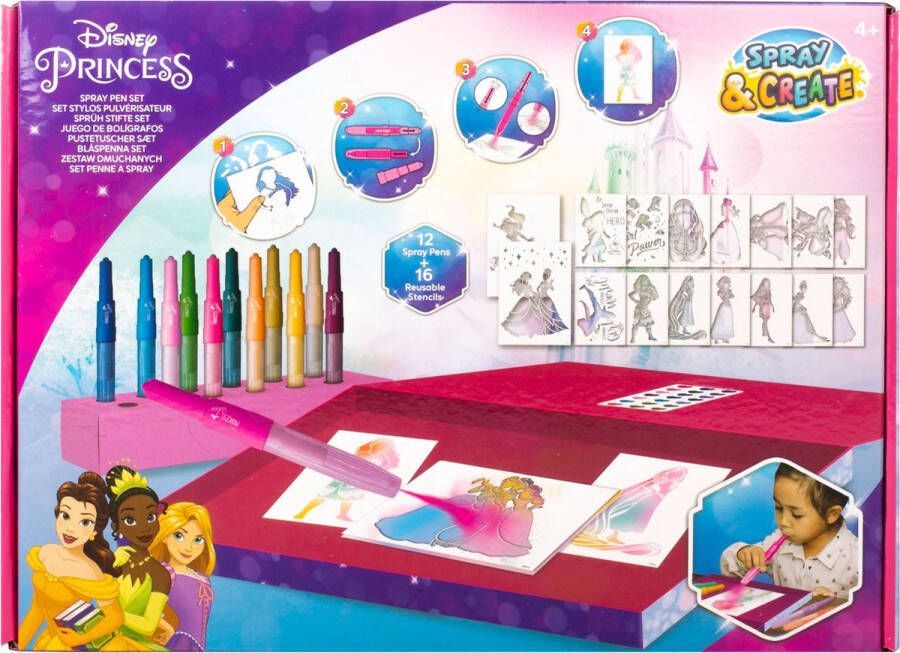 Canenco Disney Princess Spray Pen Set Deluxe (DP22368) Kleurstiften voor Kinderen Tekenset met Gekleurde Pennen en Tekensjablonen