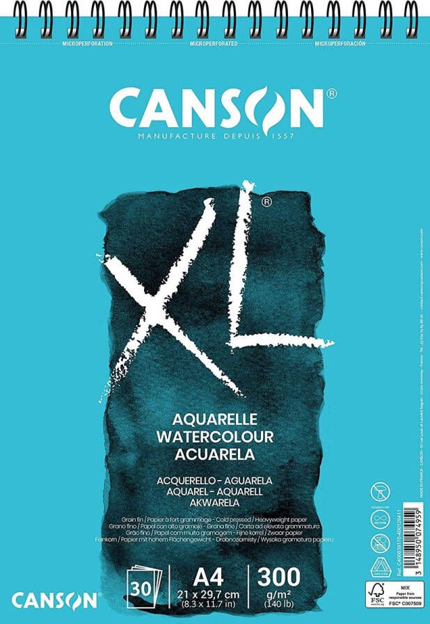 Canson AQUARELLE XL album met 30 vellen spiraalbinding A4 300 g m² fijne korrel wit