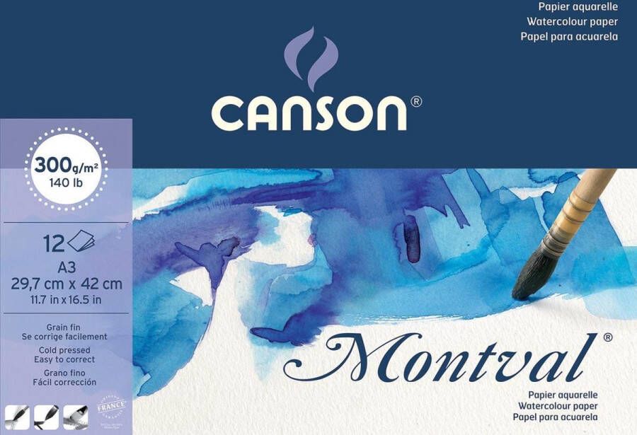 Canson Montval aquarelpapier wit met fijne korrel 300 g m² ft A3 blok met 12 vellen