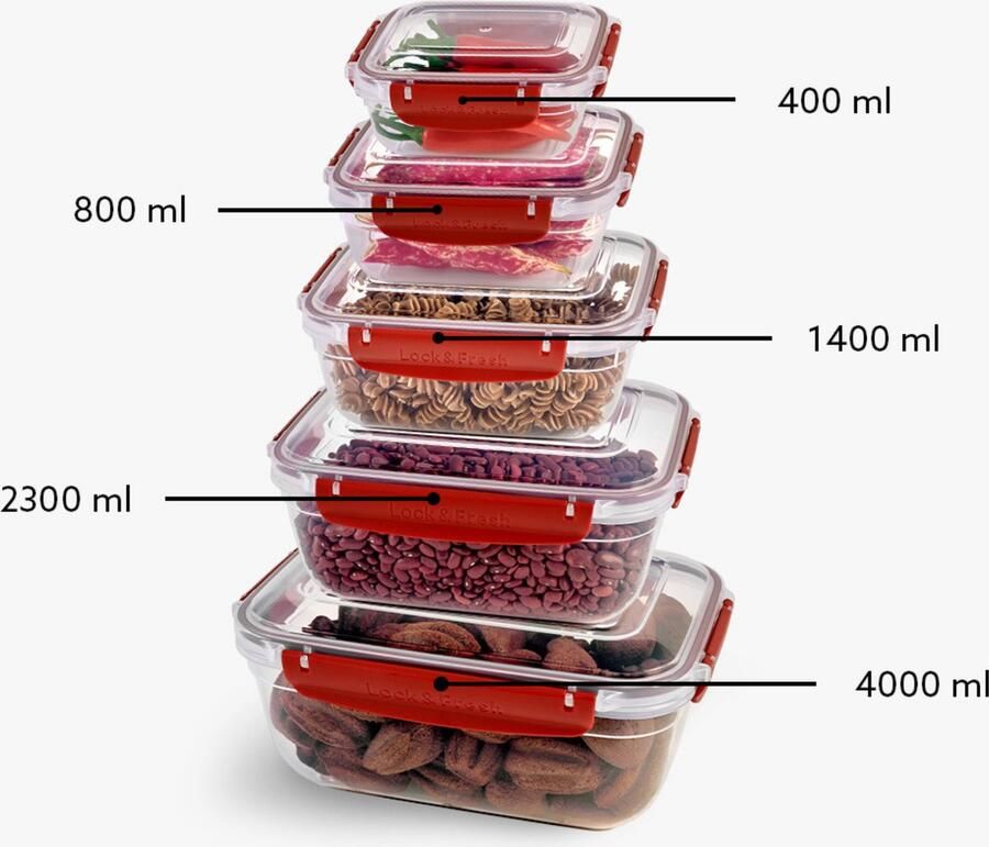 Cansway Vershoudbakjes Set 5 Delig Rechthoekig Met 100% Luchtdichte Deksel 4 Zijden Vergrendeld Lekvrij Geschikt Voor Koelkast Diepvies Vaatwasser en Magnetron BPA Free Voedselcontainer Nestbaar- Rood