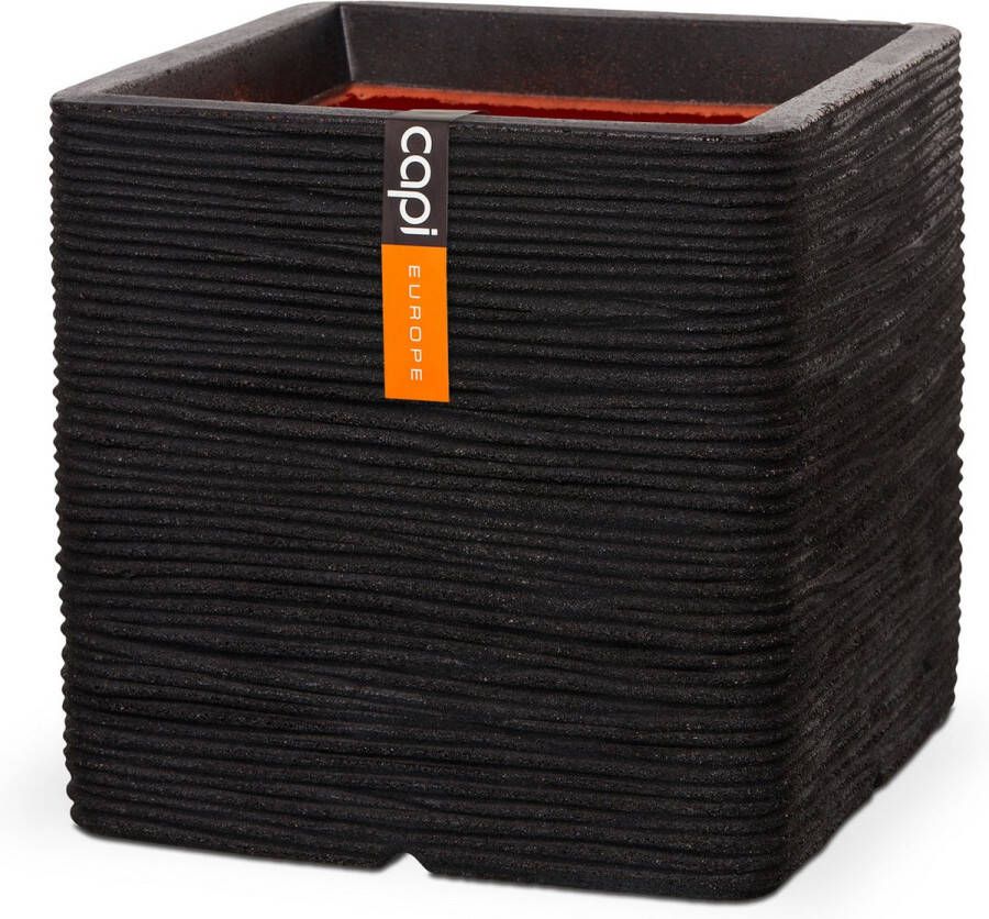 Capi Europe Bloempot vierkant Rib NL 40x40 Zwart Opening Ø32 Bloempot voor binnen en buiten Levenslang garantie Breukbestendig 100% Recyclebaar CO2 Neutraal geproduceerd KBLR903