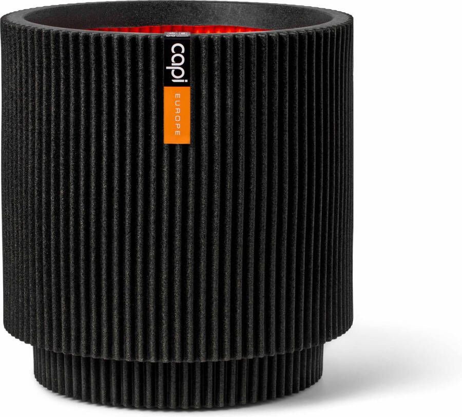 Capi Europe Vaas cilinder Groove NL 41x43 Zwart Opening Ø36 Bloempot voor binnen en buiten Levenslang garantie Breukbestendig 100% Recyclebaar CO2 Neutraal geproduceerd KGVBL883