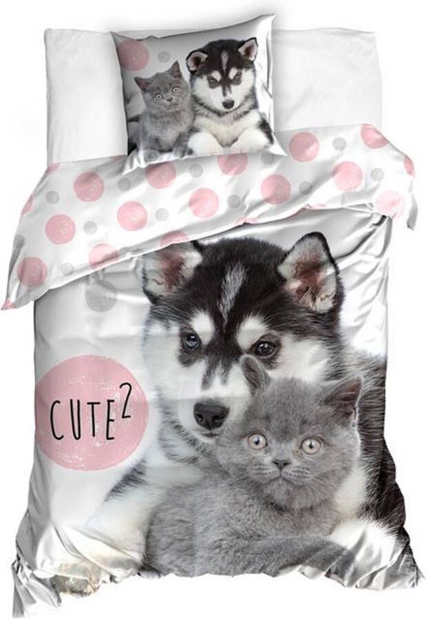 Carbotex Husky pup met kitten eenpersoons dekbedovertrek 1 kussensloop Roze Grijs 100% katoen