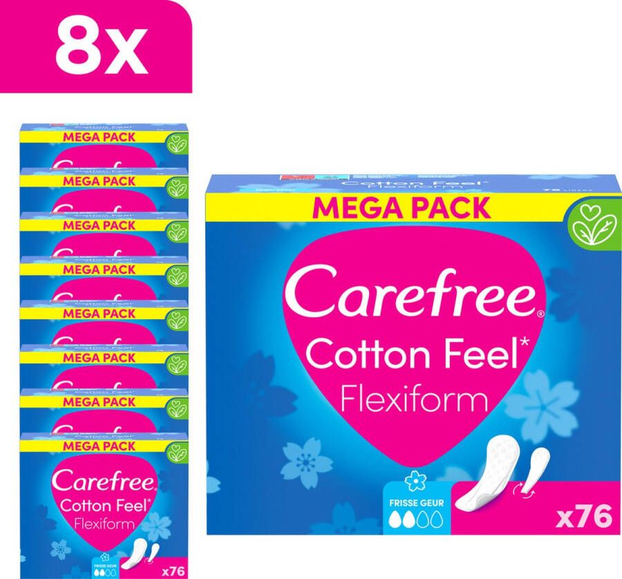 Carefree Cotton Feel Flexicomfort luchtdoorlatende inlegkruisjes frisse geur absorptiegraad twee maat normaal verpakking van 8 x 76 stuks
