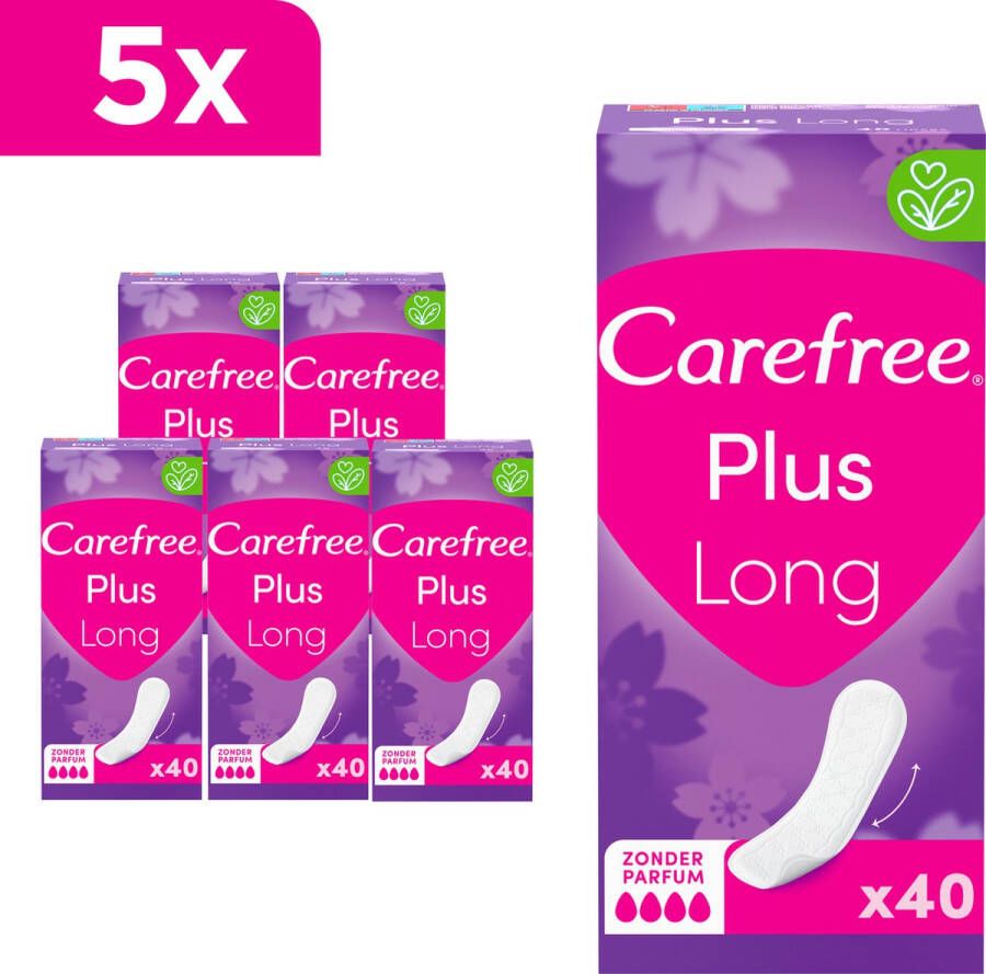 Carefree Plus Long inlegkruisjes met ultieme verbeterde kern parfumvrij absorptiegraad vier maat L extra lang verpakking van 5 x 40 stuks