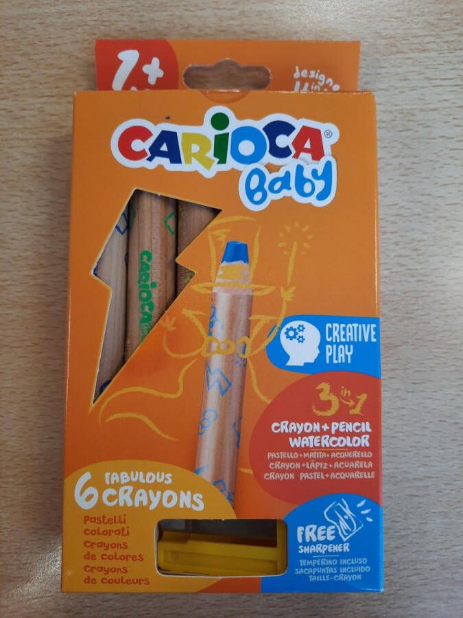 Carioca Kleurpotloden Baby 3 in 1 potloden waskrijt aquarel met slijper vanaf 1 jaar 6 kleuren