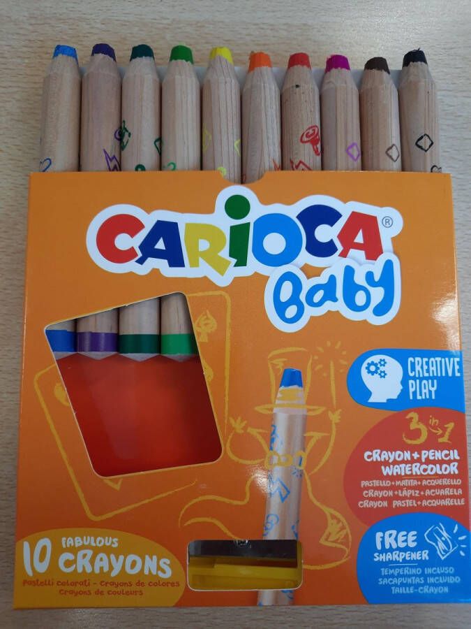 Carioca Potloden waskrijt en aquarel in 1 baby vanaf 1 jaar met slijper 10 stuks ass.