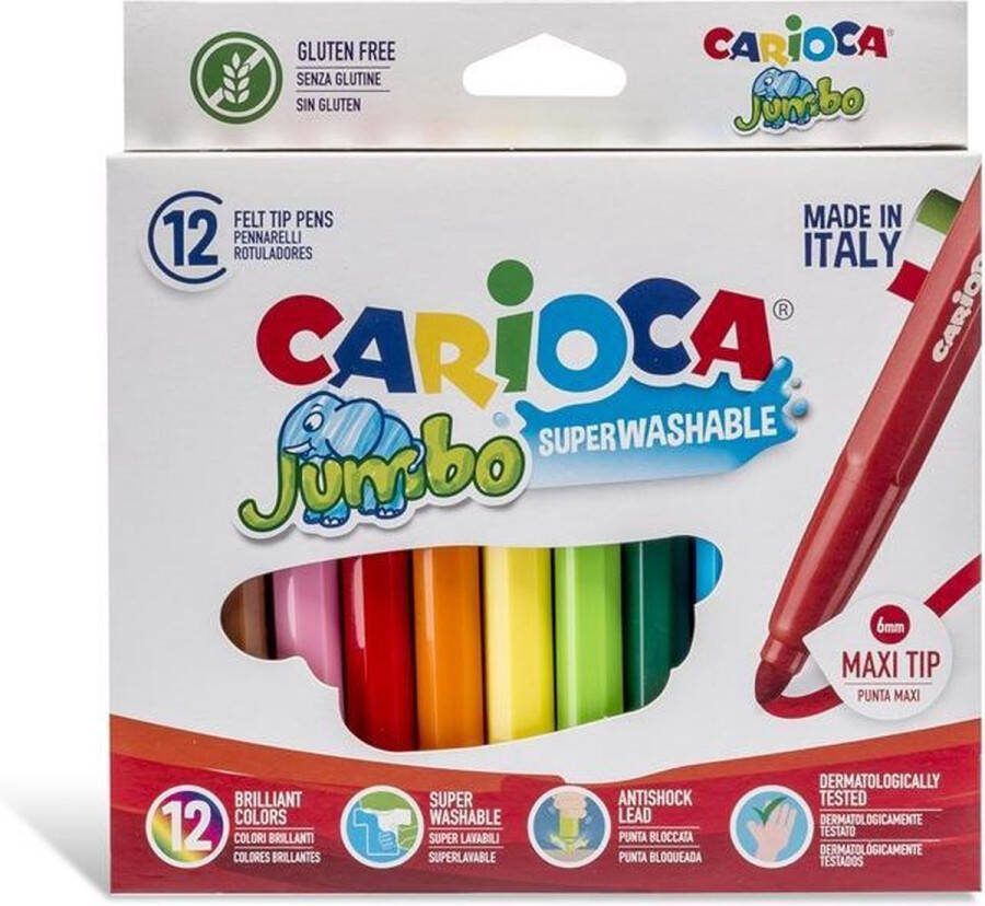 Merkloos Carioca viltstift Jumbo Superwashable 12 stiften in een kartonnen etui