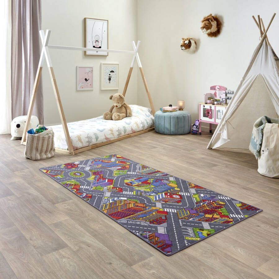 Carpet Studio Big City Speelkleed – Speelmat 95x200cm Vloerkleed Kinderkamer Anti-slip Speeltapijt Verkeerskleed Grijs