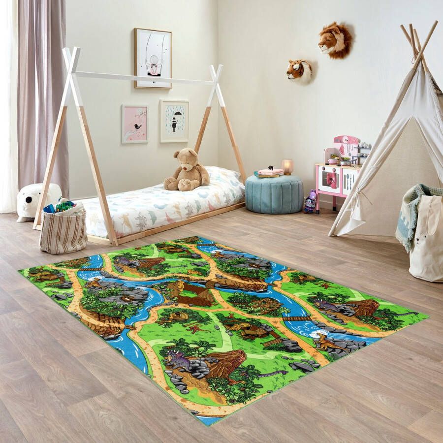 Carpet Studio Dino Speelkleed – Speelmat 140x200cm Vloerkleed Kinderkamer Anti-slip Speeltapijt Verkeerskleed Groen Grijs