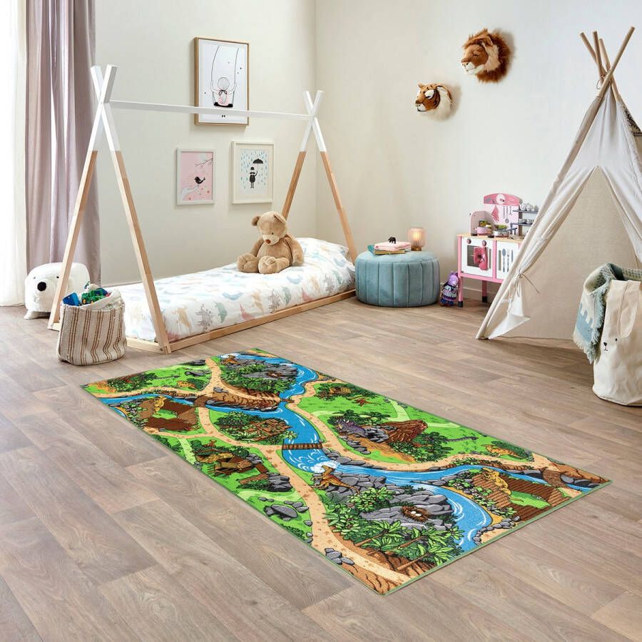 Carpet Studio Dino Speelkleed – Speelmat 95x200cm Vloerkleed Kinderkamer Anti-slip Speeltapijt Verkeerskleed Groen Grijs
