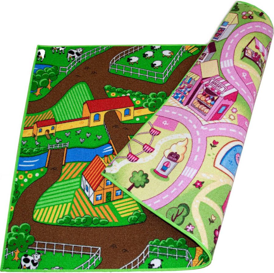 Carpet Studio Duo Speelkleed Speelmat 95x133cm Omkeerbaar Vloerkleed Kinderkamer Anti-slip Speeltapijt Verkeerskleed Sweet Town & Farmlife