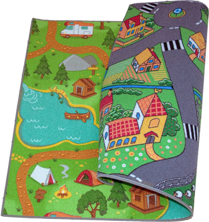 Carpet Studio Duo Speelkleed Speelmat 95x133cm Omkeerbaar Vloerkleed Kinderkamer Anti-slip Speeltapijt Verkeerskleed Hiking & Little Village