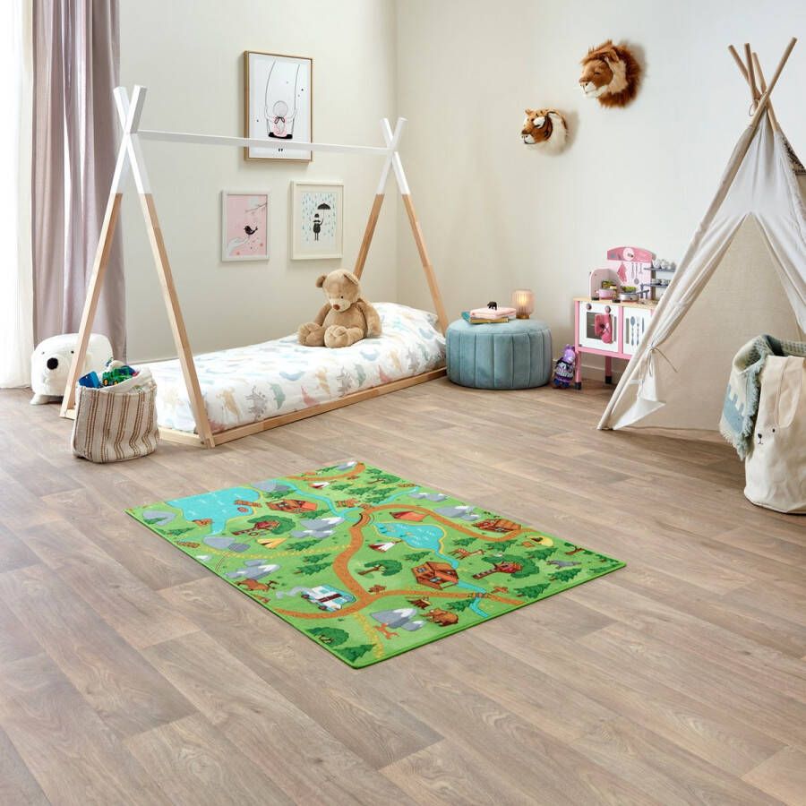 Carpet Studio Hiking Speelkleed – Speelmat 95x133cm Vloerkleed Kinderkamer Anti-slip Speeltapijt Verkeerskleed Groen