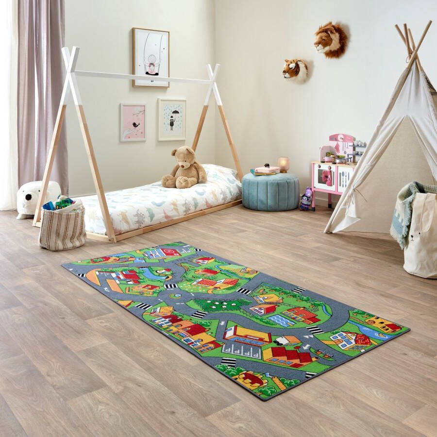 Carpet Studio Little Village Speelkleed – Speelmat 95x200cm Vloerkleed Kinderkamer Anti-slip Speeltapijt Verkeerskleed Rood Groen