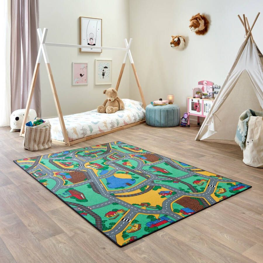 Carpet Studio Playtime Speelkleed – Speelmat 140x200cm Vloerkleed Kinderkamer Anti-slip Speeltapijt Verkeerskleed Groen Blauw