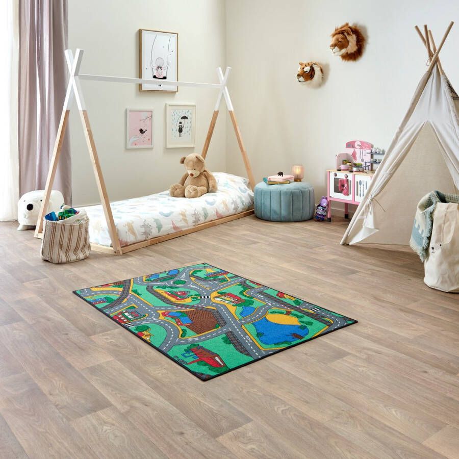 Carpet Studio Playtime Speelkleed – Speelmat 95x133cm Vloerkleed Kinderkamer Anti-slip Speeltapijt Verkeerskleed Groen Blauw