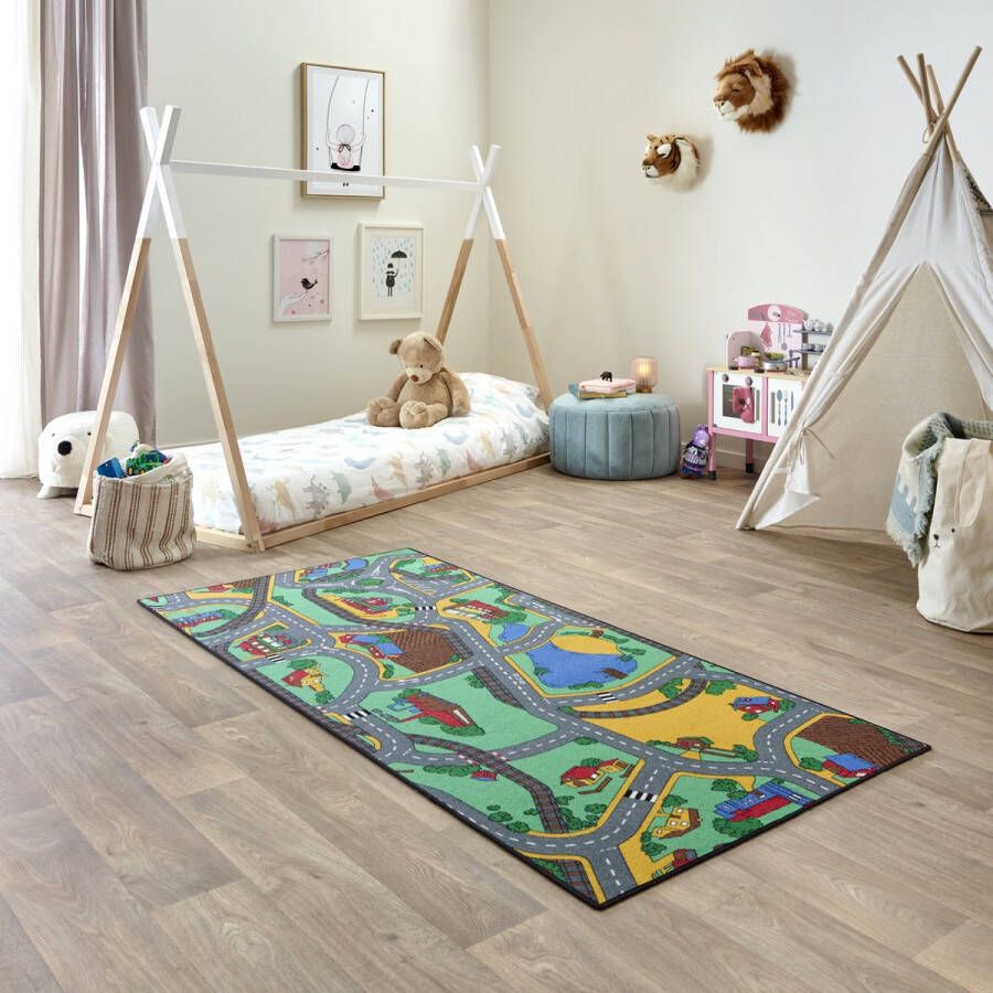 Carpet Studio Playtime Speelkleed – Speelmat 95x200cm Vloerkleed Kinderkamer Anti-slip Speeltapijt Verkeerskleed Groen Blauw