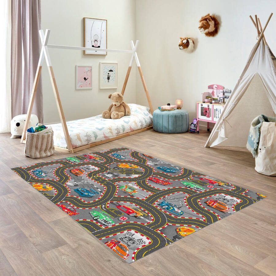 Carpet Studio Racer Speelkleed Speelmat 140x200cm Vloerkleed Kinderkamer Anti-slip Speeltapijt Verkeerskleed Zwart