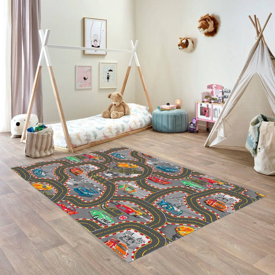 Carpet Studio Racer Speelkleed – Speelmat 95x200cm Vloerkleed Kinderkamer Anti-slip Speeltapijt Verkeerskleed Zwart