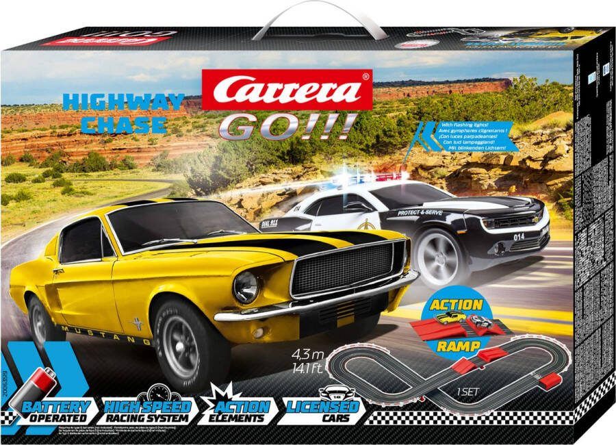 Carrera GO!!! Highway Chase Ford Mustang '67 vs. Chevrolet Camaro ZL1 Racebaan 4 3m Racebaan