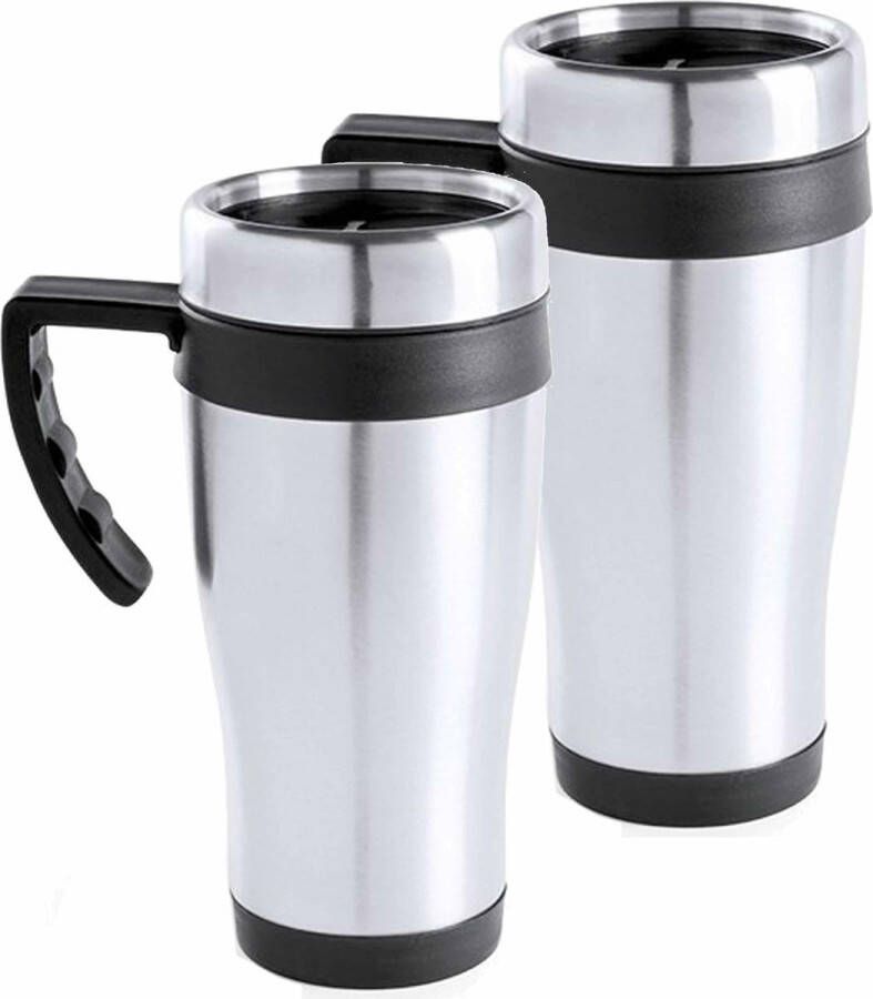 Carson 2x stuks rVS thermosbeker warmhoud koffiebekers zwart 450 ml Isoleerbekers reisbekers