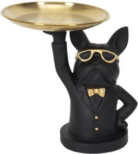 CASA DI ELTURO Beeld Bulldog Butler Zwart met Goudkleurige dienblad – H23 cm