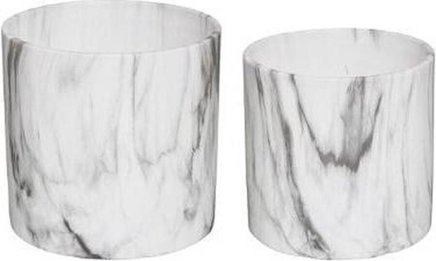 Set van 2 Bloempotten Marble in Wit Grijs H. 12 x Ø 12 cm H. 15 x Ø 15 cm