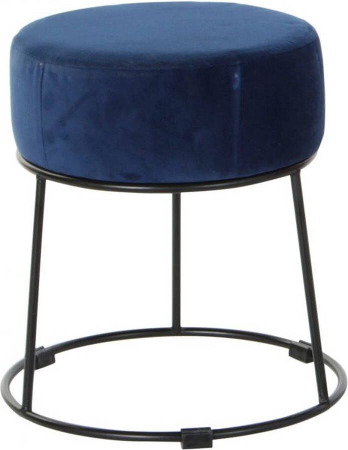 CASA DI ELTURO Velvet Poef Kruk Urban Blauw met Zwarte Onderstel Ø36 x H37 cm