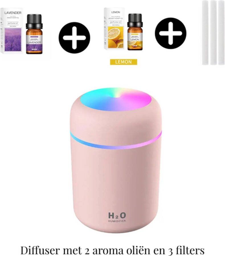 Casamix Aroma Diffuser Roze -Luchtbevochtiger 300 ml- Incl. 2 aroma oliën en 3 filters -LED sfeerverlichting- compact- Auto en huis gebruik