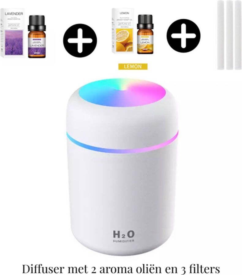 Casamix Aroma Diffuser Wit-Luchtbevochtiger 300 ml Incl. incl. 2 aroma oliën en 3 filters -LED sfeerverlichting- compact- Auto en huis gebruik