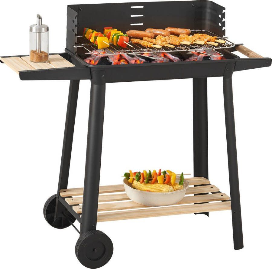 Casa.pro Houtskool BBQ Ari met zijpanelen 78x86x30 cm zwart en houtkleurig