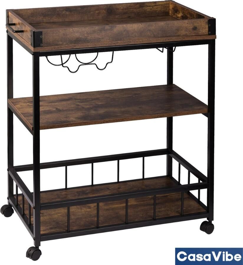CasaVibe Keukentrolley op wieltjes Serveerwagen Keuken Trolley opbergrek keuken opslagtrolley Keuken organizer keukenrek Rolwagen Hout Metaal Bruin Zwart