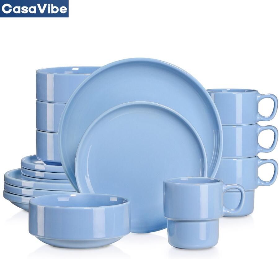 CasaVibe Luxe Serviesset – 16 delig – 4 persoons – Porselein Bordenset – Dinner platen – Dessertborden Kommen Mokken Set