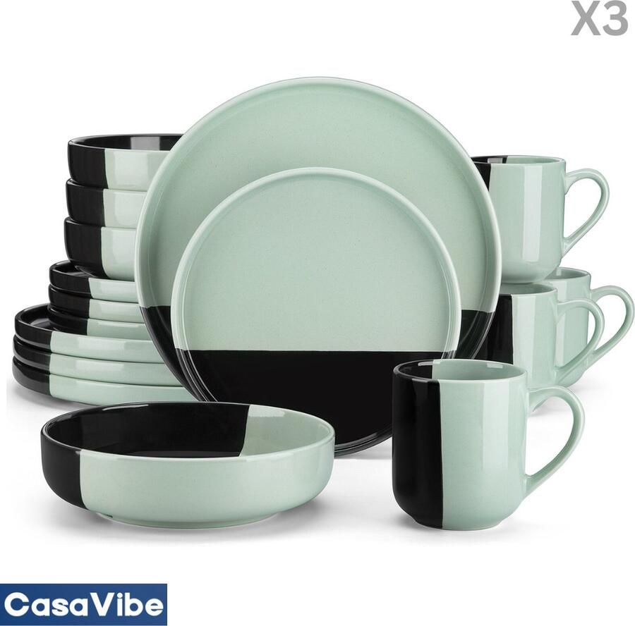 CasaVibe Luxe Serviesset – 48 delig – 12 persoons – Porselein Bordenset – Dinner platen – Dessertborden Kommen Mokken Set Groen Zwart