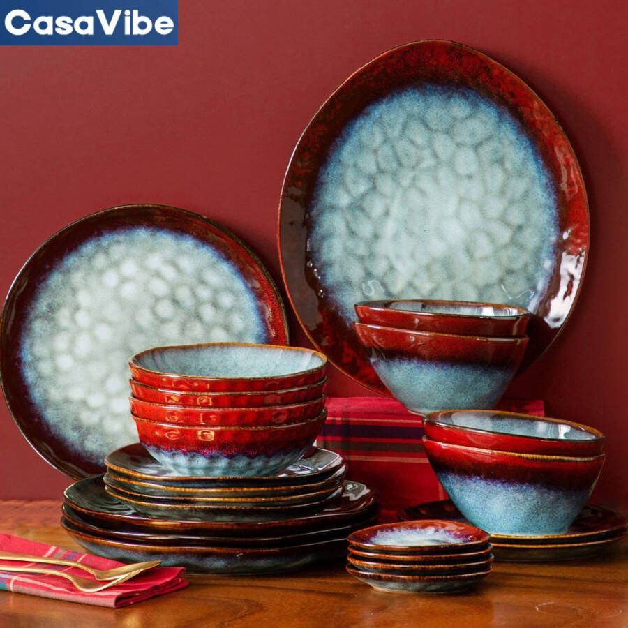 CasaVibe Luxe Bordenset Kommen set Borden Dinerborden 4 persoons Serviesset Blauw Rood Glazuur