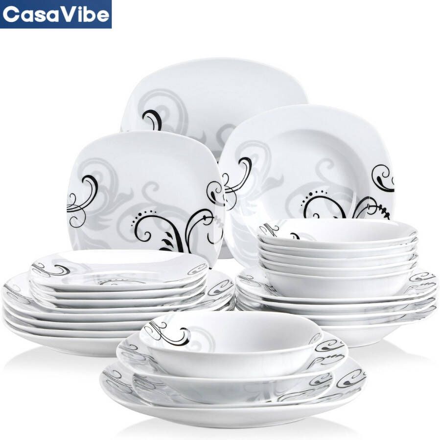 CasaVibe Luxe Bordenset Kommen set Borden Dinerborden set van 24 6 persoons serviesset Wit met Print