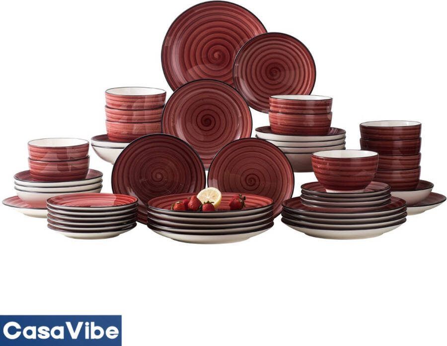 CasaVibe Luxe Bordenset Kommen set Borden Dinerborden set van 48 12 persoons serviesset Rood Wit