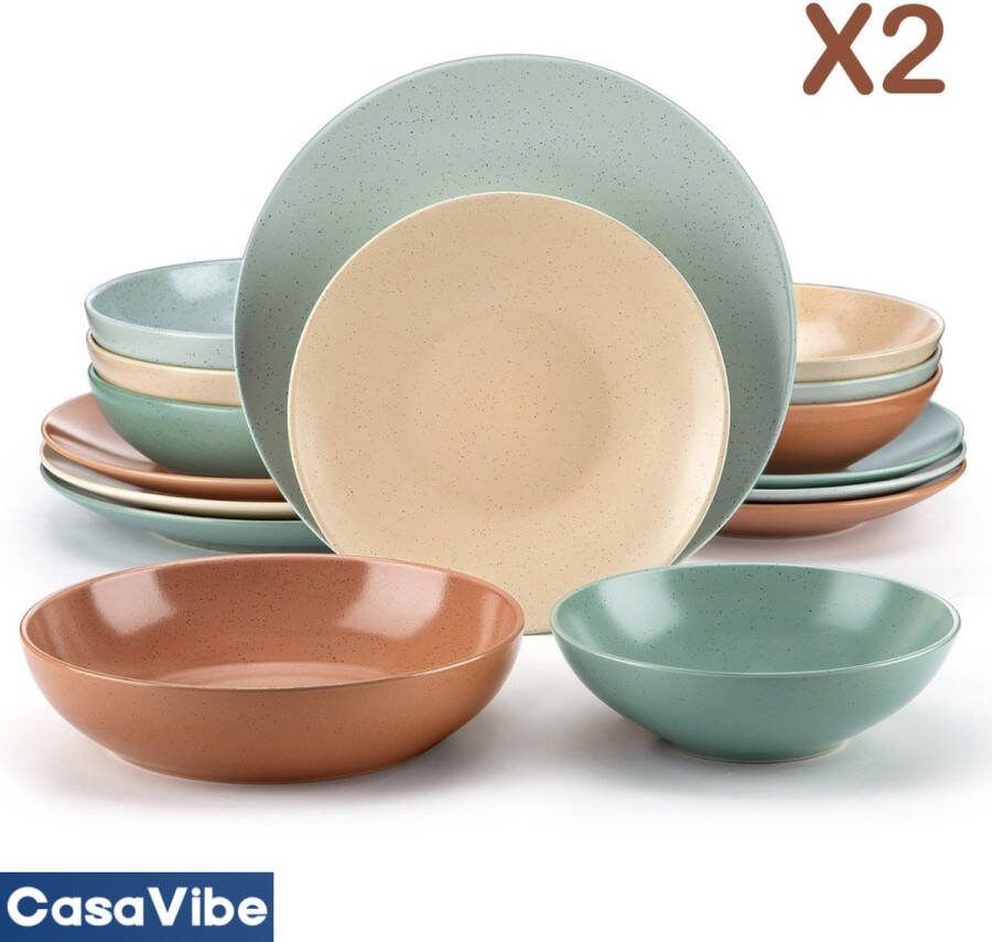 CasaVibe Luxe Bordenset Serviesset Kommen set Borden Dinerborden set van 32 8 persoons serviesset Bruin Groen