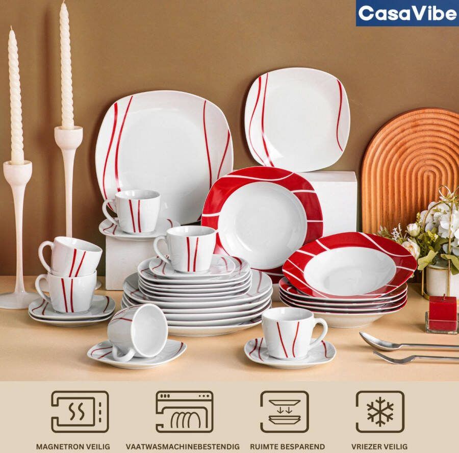 CasaVibe Luxe Bordenset Serviesset Kommen set Borden Dinerborden Set van 60 12 persoons Wit met Rode print