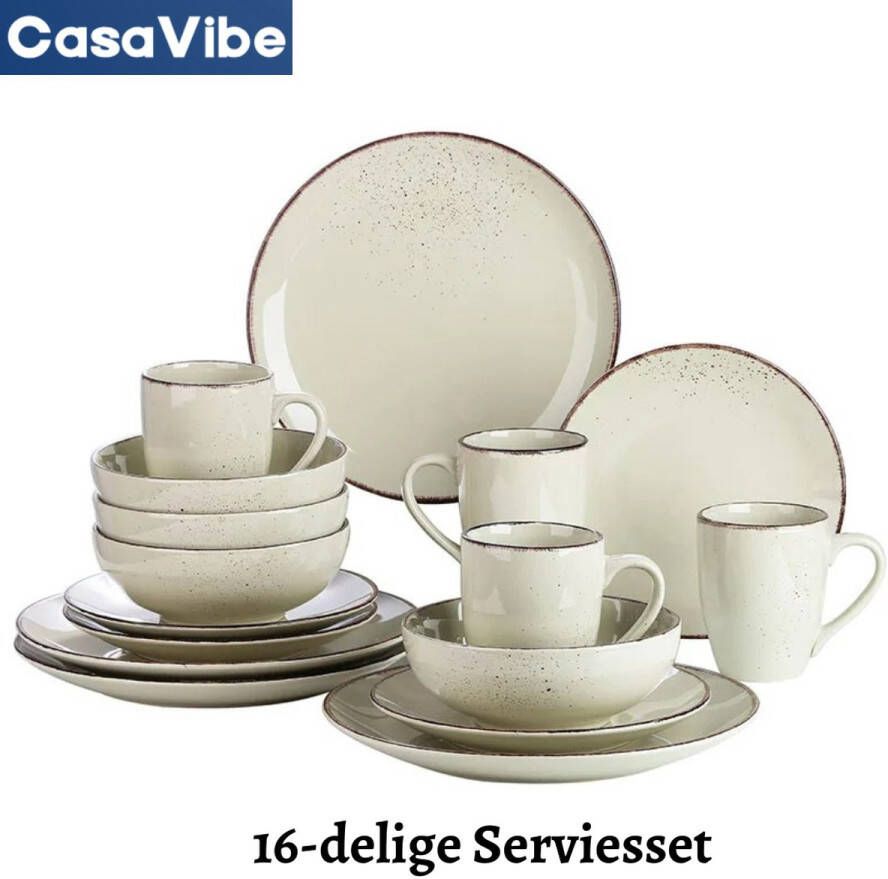 CasaVibe Luxe Serviesset – 16 delig – 4 persoons – Porselein Bordenset – Dinner platen – Dessertborden Kommen Mokken Set Navia Beige Complete Set