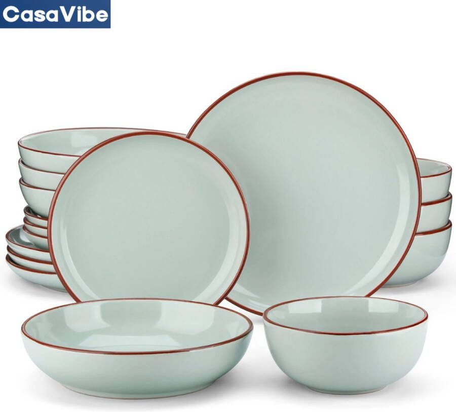 CasaVibe Luxe Serviesset – 16 delig – 4 persoons – Porselein Bordenset – Dinner platen – Dessertborden Kommen Mokken Set Jade Nimf