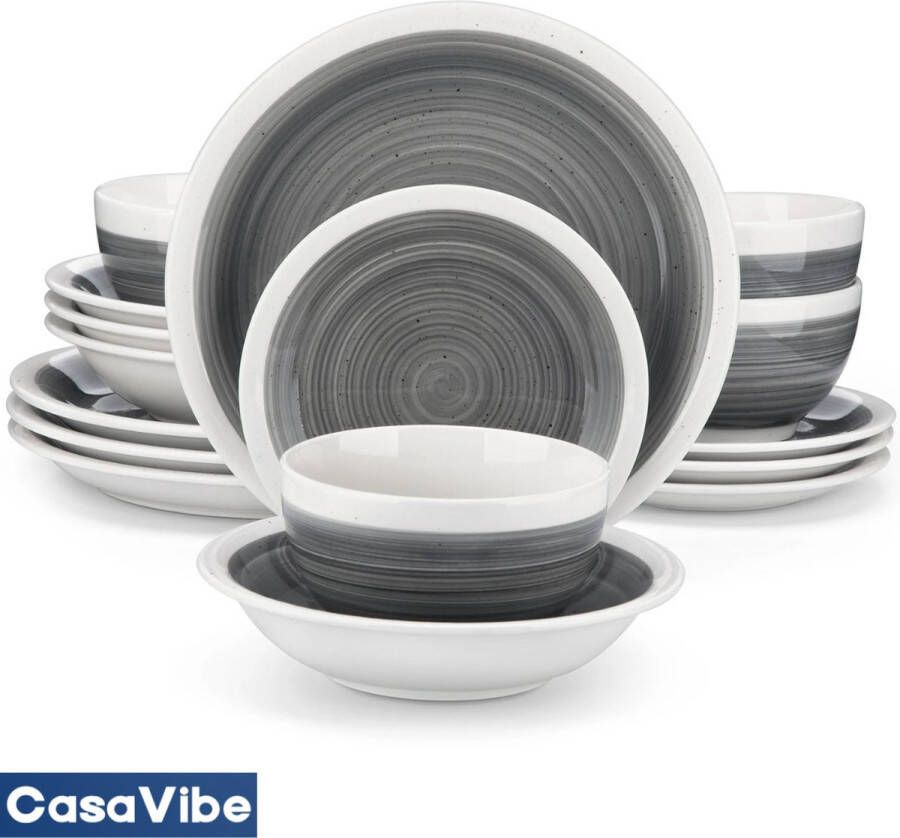 CasaVibe Luxe Serviesset – 16 delig – 4 persoons – Porselein Bordenset – Dinner platen – Dessertborden Kommen Mokken Set Grijs Wit Ori