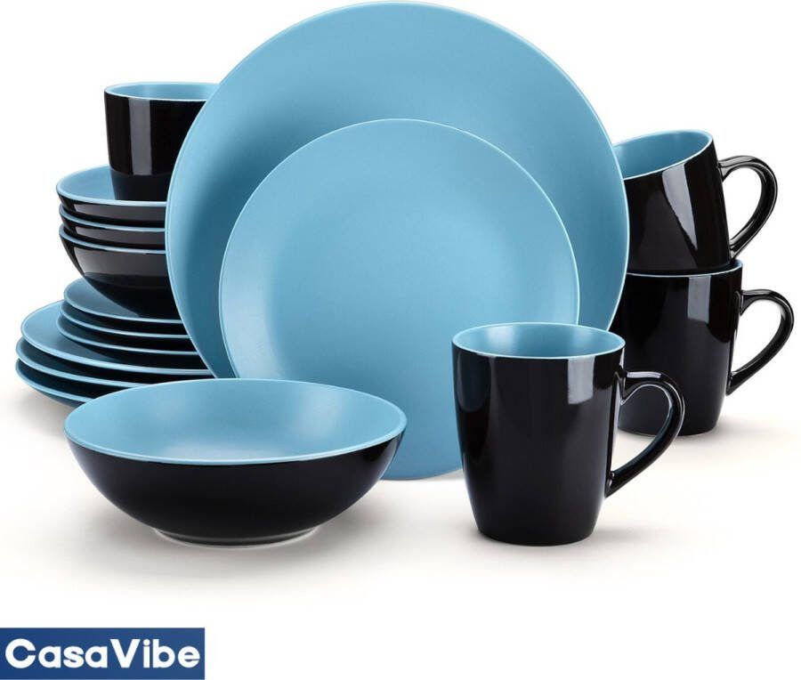 CasaVibe Luxe Serviesset – 16 delig – 4 persoons – Porselein Bordenset – Dinner platen – Dessertborden Kommen Mokken Set Blauw Zwart