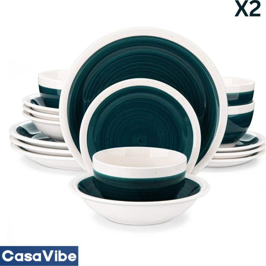 CasaVibe Luxe Serviesset – 32 delig – 8 persoons – Porselein Bordenset – Dinner platen – Dessertborden Kommen Mokken Set Groen Wit Ori