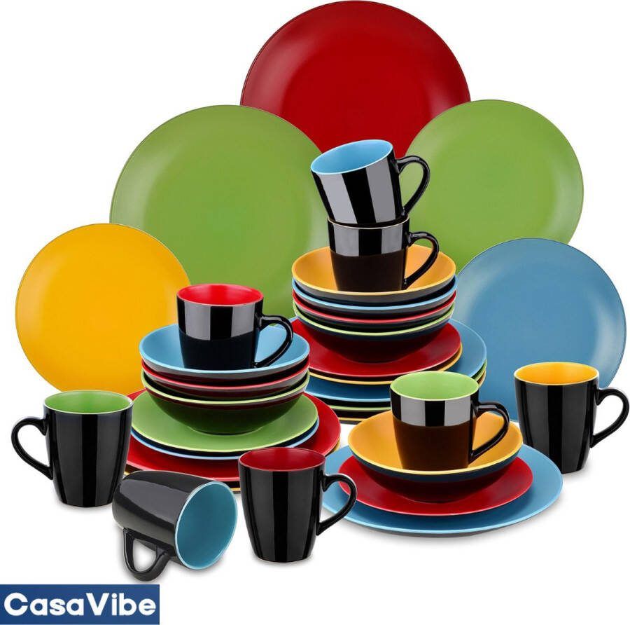 CasaVibe Luxe Serviesset – 32 delig – 8 persoons – Porselein Bordenset – Dinner platen – Dessertborden Kommen Mokken Set Rood Groen Blauw Zwart Multi Color