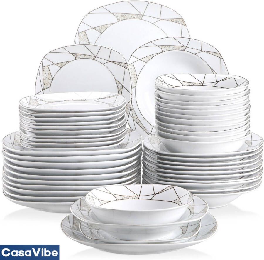 CasaVibe Luxe Serviesset – 48 delig – 12 persoons – Porselein Bordenset – Dinner platen – Dessertborden Kommen Mokken Set